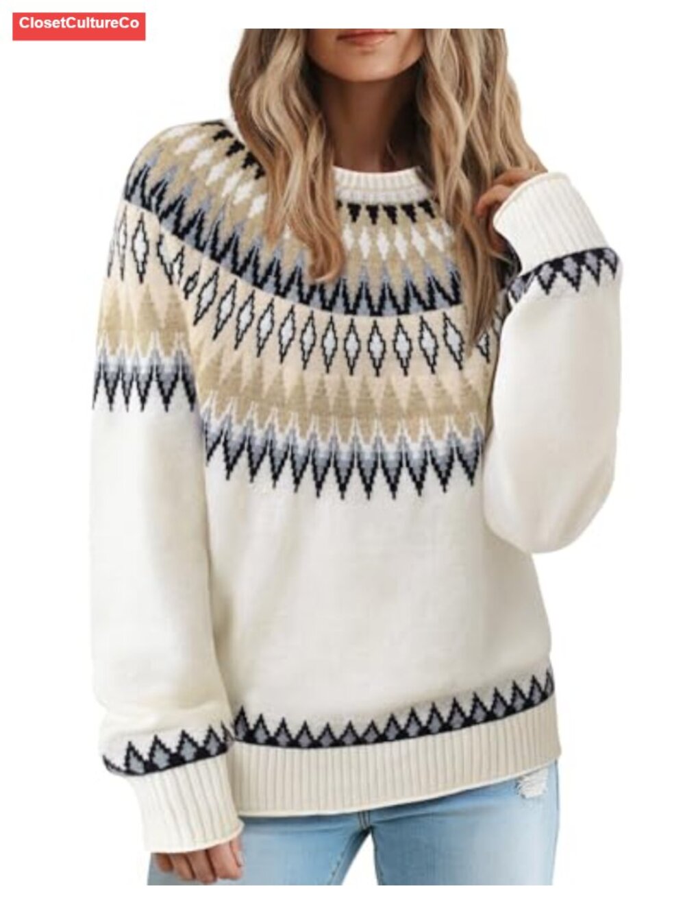 Fair Isle Color Block Knit Pullover Sweater Crewneck Long Sleeve Cozy